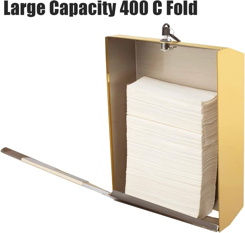 TOBEFORT Comercial Paper Towel Dispenser Wall Mount, Brushed Gold Stainless Steel Hand Towel Dispenser with Lock, Large Capacity 400 Trifold/C Fold Paper Towel Holder for Bathroom Kitchen Office Public Places - Image 3